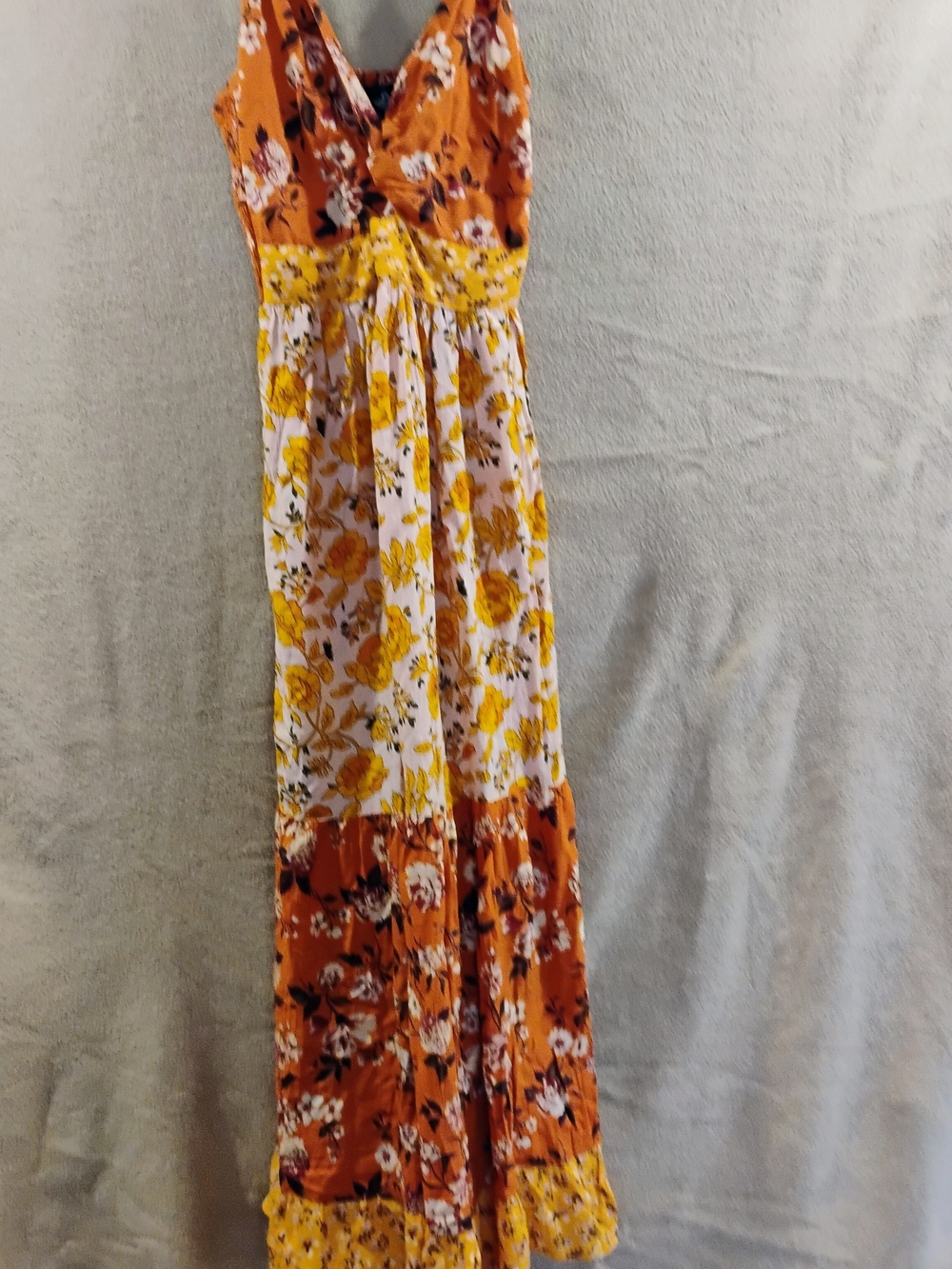 Angie Floral V-Neck Tiered Maxi Dress in Mustard & Rust